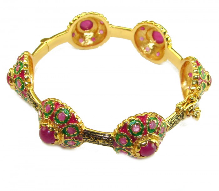 Victoria Authentic 20.5 carat natural Ruby .925 Sterling Silver brilliantly dipped in real 18K Gold handcrafted Statement Bracelet - Ornate bracelet with rubies, side angle view