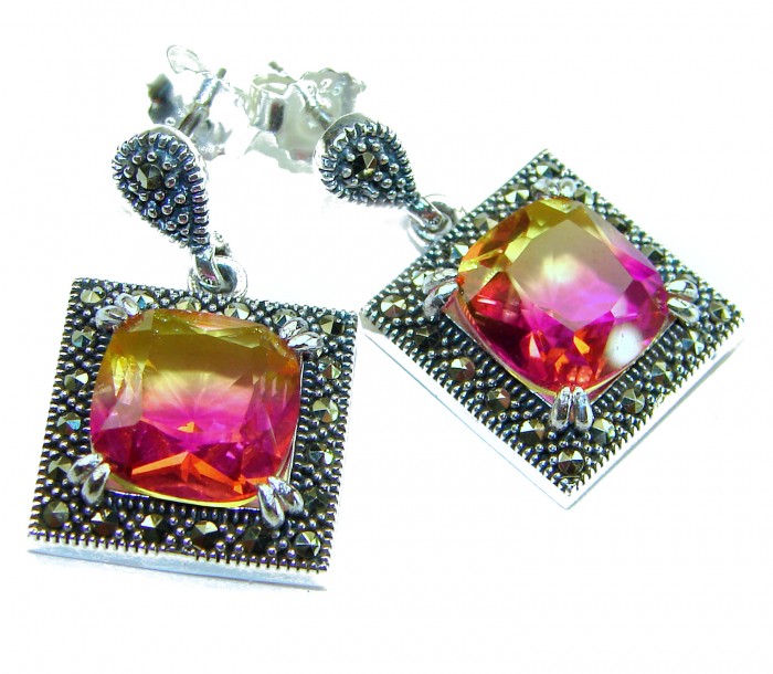Tiffany 9.5 carat Ametrine Marcasite .925 Sterling Silver HANDCRAFTED Earrings - Close-up of Tiffany Ametrine Marcasite earrings, front view.