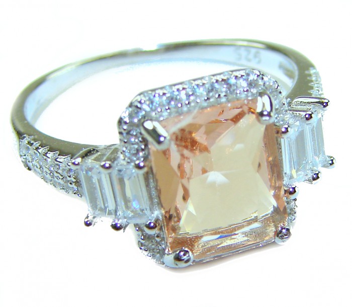 Authentic emerald cut 8.2 carat volcanic Morganite .925 Sterling Silver ring s. 9 - Emerald cut 8.2 carat Morganite ring, side view with diamond accents