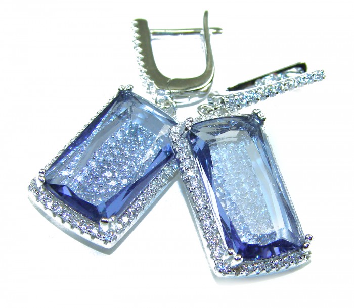 Splendid 12.5 carat Tanzanite .925 Sterling Silver Handcrafted Earrings - Close-up of Tanzanite earrings in sterling silver with clasp detail.