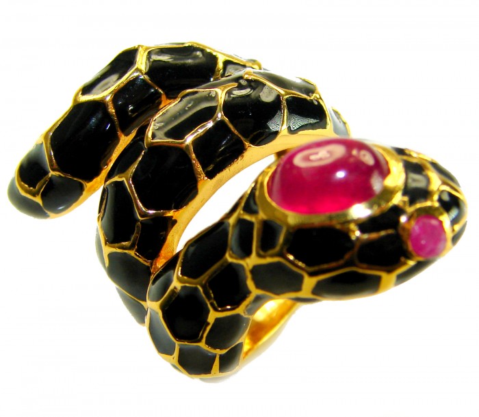 Red Snake Ruby black Enamel 18K Gold over .925 Sterling Silver Huge handcrafted Ring s. 7 - Snake ring close-up with ruby eyes, black enamel, and 18K gold detail.