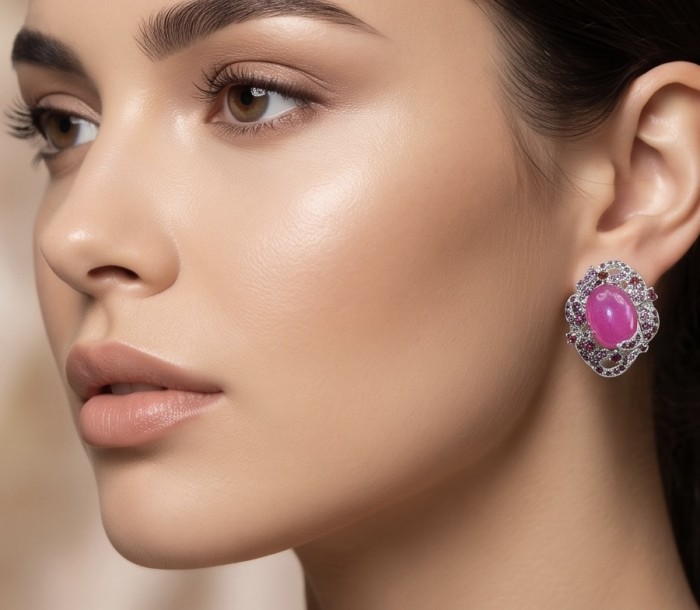 Francesca- Magnificent 10.8 carat authentic Ruby rhodium over .925 Sterling Silver handcrafted Statement earrings - Side view of Francesca 10.8 carat ruby earrings worn on model.