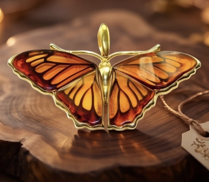 Large - Golden Butterfly natural carved Baltic Amber .925 Sterling Silver dipped in 22K Real Gold handmade Pendant - Golden butterfly brooch with carved amber, top view on wooden surface.
