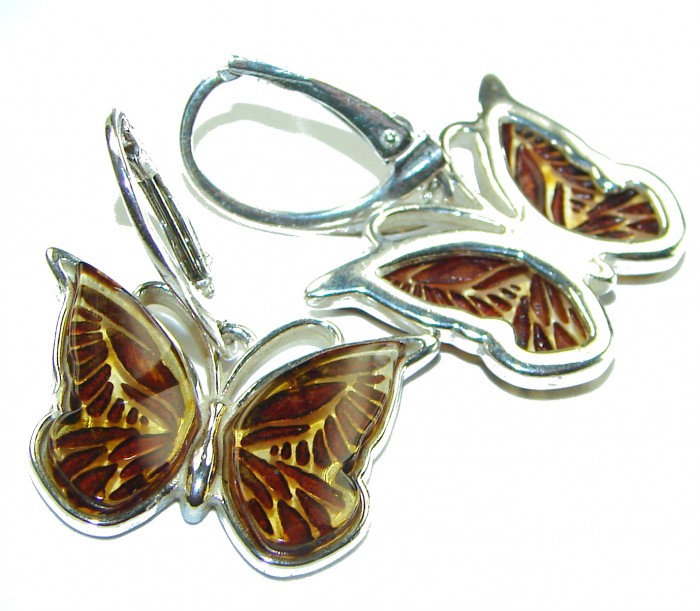 Butterflies carved Baltic Polish Amber .925 Sterling Silver earrings - photo 1