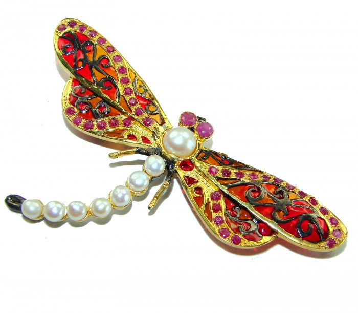 Big Dragonfly Pearl Enamel 18K Gold over .925 Sterling Silver handcrafted Pendant Brooch - Dragonfly brooch with pearls, gold, and enamel, top view.