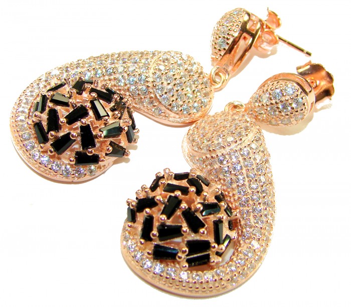 Giovanna - Authentic 22.5 carat Sapphire 18K Rose Gold over .925 Sterling Silver handcrafted earrings - Close-up of drop earrings with sapphires and stones, rose gold setting.