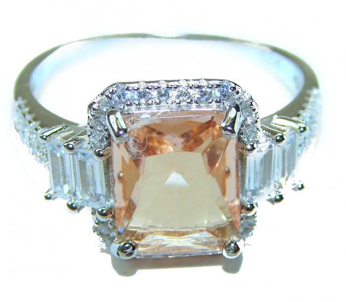 Authentic emerald cut 8.2 carat volcanic Morganite .925 Sterling Silver ring s. 9 - Emerald cut Morganite ring close-up with side stone details