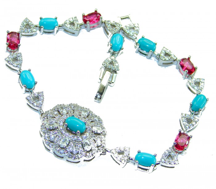 Art Deco - Pacifica - 18.4 carat Sleeping Beauty Turquoise Pink Tourmaline .925 Sterling Silver handmade Statement Bracelet - Art Deco Pacifica necklace, overhead view, turquoise and diamond details
