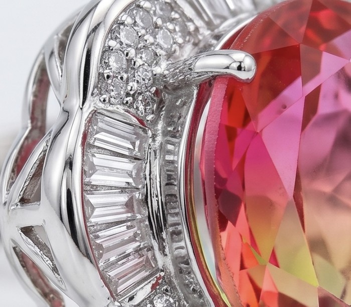 Carolyn 15.8 carat Brazilian Tourmaline .925 Sterling Silver Perfectly handcrafted Ring s. 7 1/2 - Close-up of Carolyn Brazilian Tourmaline ring with diamond accents.