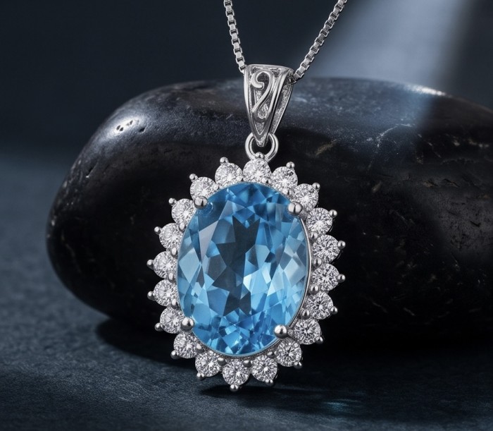 Tiffany Incredible oval cut 12.4 carat Swiss Blue Topaz rhodium over .925 Sterling Silver handcrafted pendant - Close-up of Tiffany oval Swiss Blue Topaz necklace on dark background