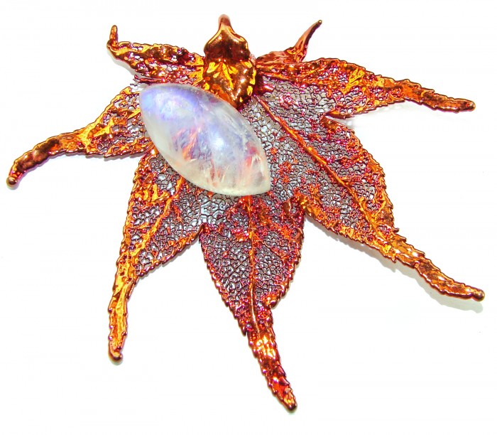 LARGE Stylish REAL Leaf Coved with Sterling Silver and 14K Gold Moonstone & .925 Sterling Silver Pendant - photo 1