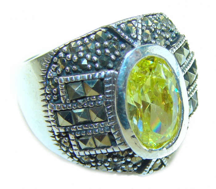 Authentic 5.8 carat Green Neon Topaz Marcasite .925 Sterling Silver handmade Ring s. 6 - photo 3