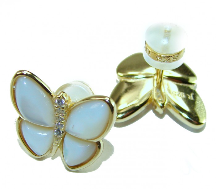 Genuine Blister Pearl 14K Gold over .925 Sterling Silver handcrafted Statement Earring - Butterfly earrings, pearl and gold, front and side view.