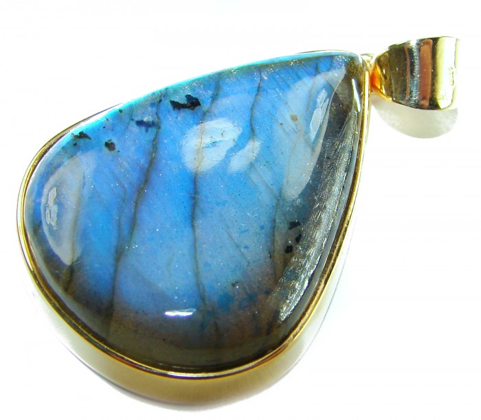 Magical Aurora 43.5 carat Fire Labradorite 14K Gold over .925 Sterling Silver handcrafted Pendant - Close-up of Magical Aurora Fire Labradorite pendant in 14K gold setting.