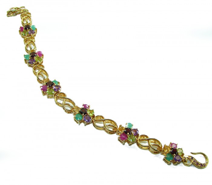 One of the kind 28.5 carat genuine Multigem 18k Gold over .925 Sterling Silver Bracelet - Gold multigem bracelet on white background, showing full length.