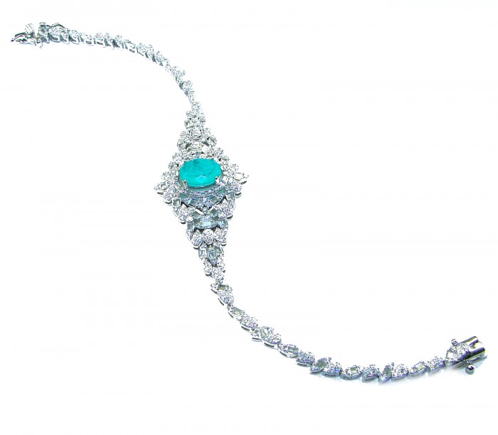 Gabriella 10.2 carat authentic Emerald rhodium over .925 Sterling Silver handcrafted Statement bracelet - Top view of Gabriella 10.2 carat Emerald bracelet in rhodium over sterling silver