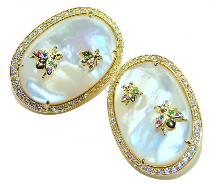 Genuine Blister Pearl lab grown Diamond 18K Gold over .925 Sterling Silver handcrafted Large Statement Earrings - Top view of gold and blister pearl brooches with bee accents