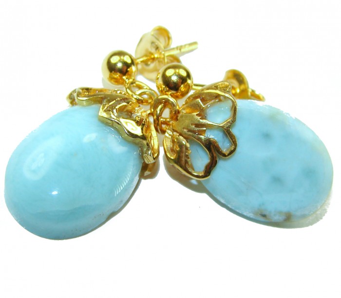Genuine 10.5 carat Blue Larimar 14K Gold over .925 Sterling Silver handmade earrings - Blue Larimar earrings with gold butterfly detail, close-up view.
