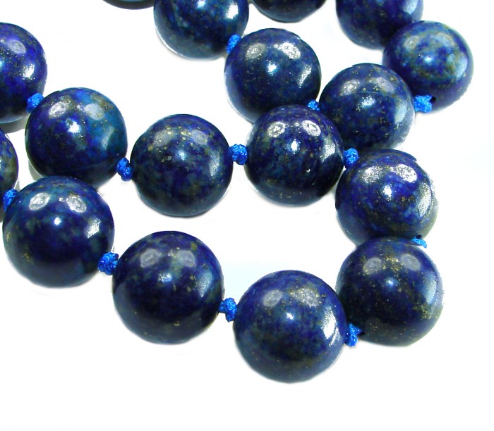 Boho Style 105.2 grams Lapis Lazuli .925 Sterling Silver handmade necklace - Close-up of Lapis Lazuli beads with blue string detailing