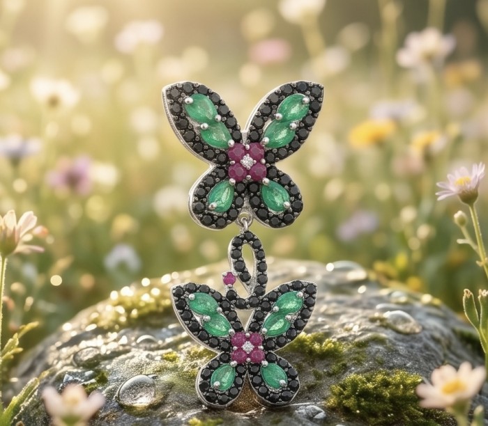 RARE BEAUTY! Valentina 27.2 carat CARVED Emerald Sapphire .925 Sterling Silver dipped in rhodium Statement handcrafted earrings - Butterfly earrings with emerald and sapphire, close-up in a floral setting.