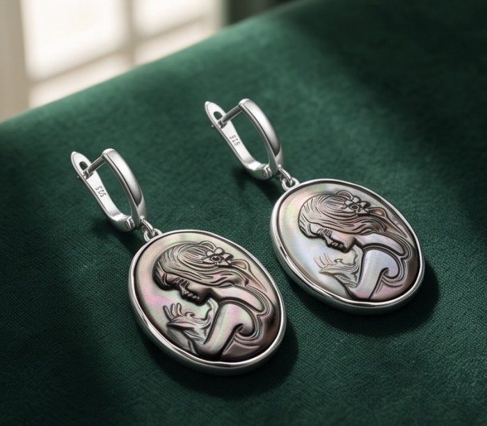 Vintage design Genuine Cameo Rainbow Abalone .925 Sterling Silver handcrafted Large Statement Earrings - Vintage cameo abalone earrings, close-up, on green fabric background.