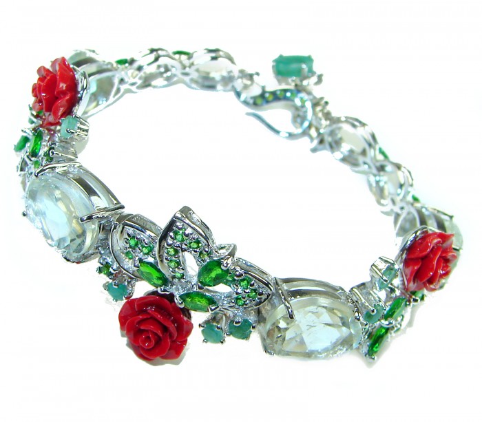 Enchanted Rose Garden Genuine carved Coral .925 Sterling Silver handcrafted Bracelet - photo 3