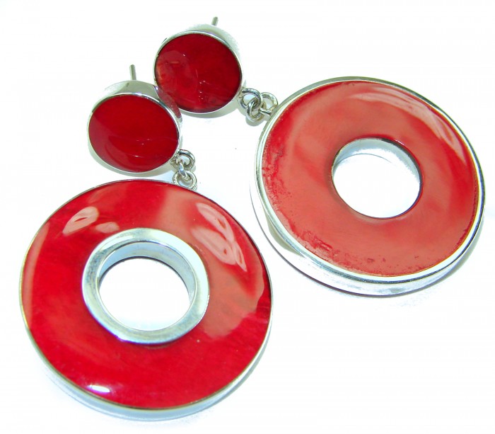 Large Genuine Red Fossilized Coral .925 Sterling Silver handmade earrings - photo 3
