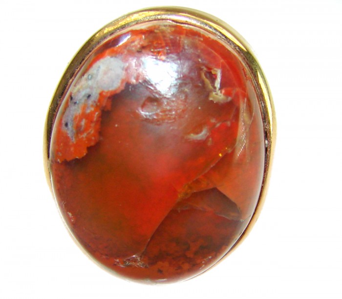 Inner Fire best quality 21.4 carat Mexican Opal 18K Gold over .925 Sterling Silver handmade ring 7 adjustable - Close-up of Mexican opal stone set in 18K gold.