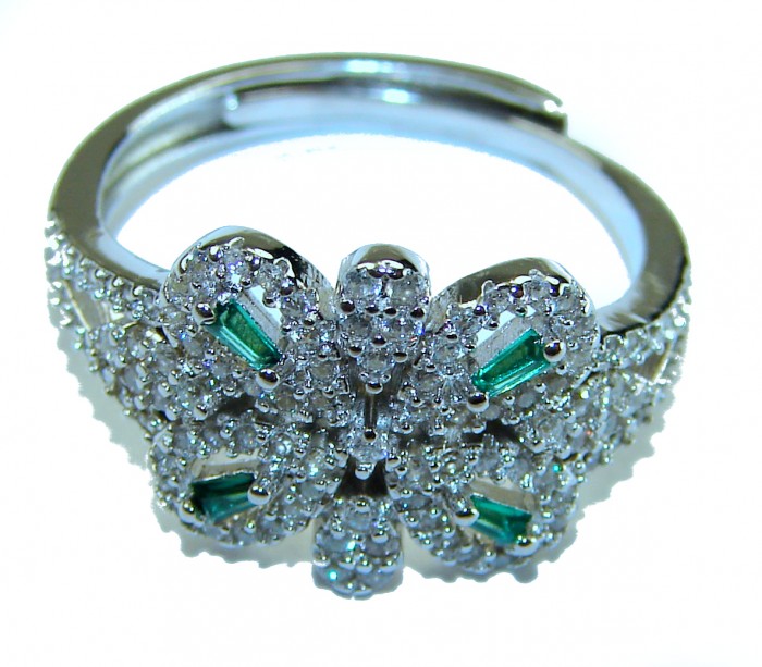 Luxurious 3.5 carat Emerald White Sapphire .925 Sterling Silver handcrafted Statement Ring size 8 - Close-up of luxurious emerald and sapphire ring on sterling silver band.