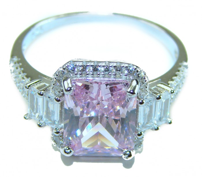 Real Beauty 5.2 carat emerald cut Pink Sapphire .925 Silver handcrafted Cocktail Ring s. 8 1/4 - Emerald cut pink sapphire ring close-up, .925 silver setting.