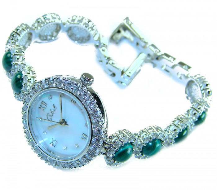 Precious Authentic Australian Malachite .925 Sterling Silver handmade Bracelet Watch - Elegant watch with malachite stones and sterling silver, angle view.