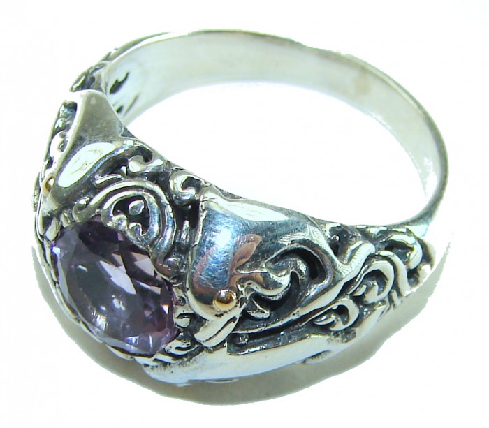 Bali Purple Dream authentic 4.2 carat Amethyst .925 Sterling Silver Handcrafted Large Ring size 8 - Side view of Bali Purple Dream ring with 4.2 ct Amethyst in sterling silver.