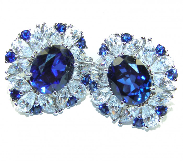 Gabriella 6.2 carat authentic Sapphire .925 Sterling Silver handcrafted Statement earrings - Sapphire earrings stone close-up, 6.2 carat, sterling silver setting