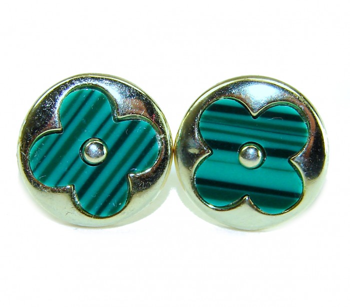 Outstanding inlay authentic Malachite Lucky Four Leaf Clover .925 Sterling Silver Earrings - Malachite four-leaf clover earrings, front view.