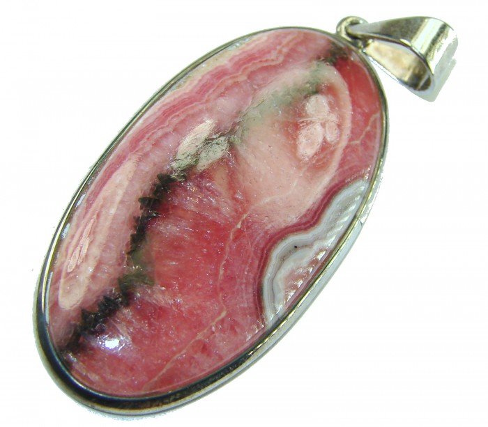 Genuine Argentinian Rhodochrosite .925 Sterling Silver handmade Pendant - Oval rhodochrosite stone pendant in silver setting, front view.