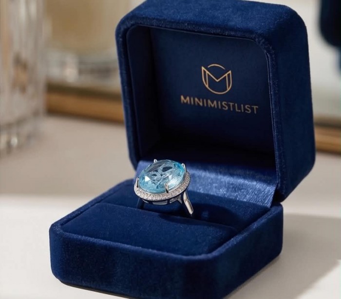 Angelina 14.9 carat authentic Aquamarine .925 Sterling Silver Handcrafted Ring size 6 1/4 - Aquamarine ring in blue velvet box, showcasing stone and setting.