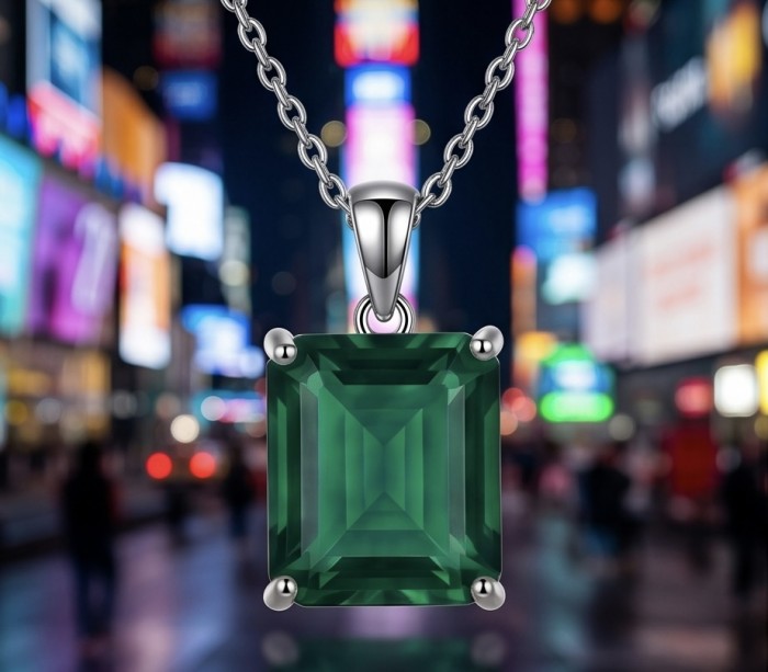ROYALTY - assher cut 5.7 carat COLOMBIAN Emerald .925 Sterling Silver handmade Statement Necklace - Close-up of Asscher cut Colombian emerald pendant on chain