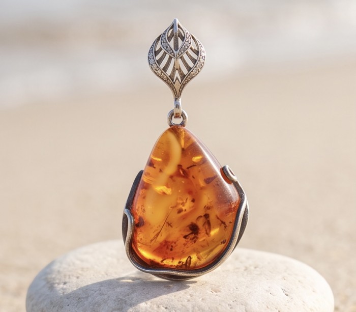 Prehistoric Authentic Golden Baltic Amber .925 Sterling Silver beautifully handcrafted Pendant - Close-up of Baltic amber pendant on the beach