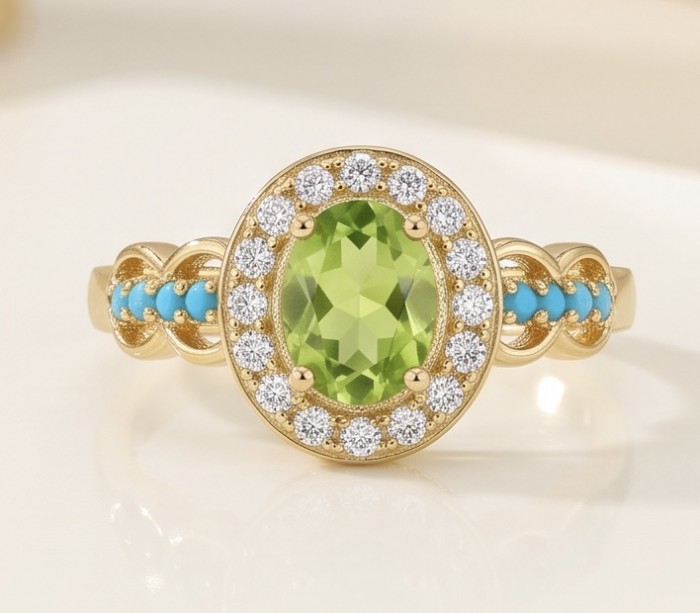 Flower 2.2 carat Brazilian Peridot 18K Gold over .925 Sterling Silver Handcrafted Ring size 6 - Front view of 2.2ct Brazilian Peridot ring with diamonds and turquoise accents.