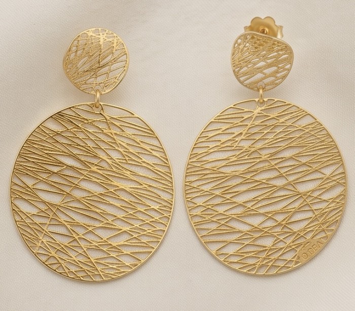 Dubai Style - .925 Sterling Silver dipped in 22K Gold handmade Earrings - Gold mesh earrings front view on a light fabric background