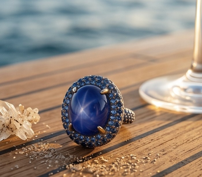 The Star of Kilimanjaro oval cut 22.6 carat Tanzanite 22K Gold over .925 Sterling Silver handmade Statement ring size 7 - Close-up of The Star of Kashmir sapphire ring on wooden surface