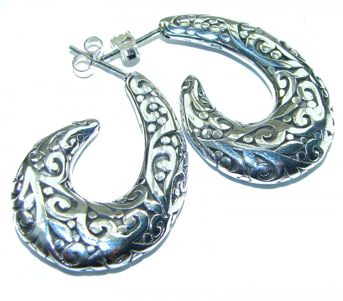 1 5/8 inches long - Free Spirit bohemian Style .925 Sterling Silver handmade Bali made Oversized Earrings - Silver bohemian earrings with intricate designs, side view
