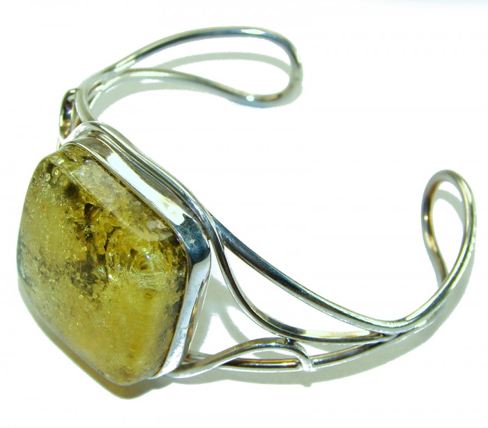 Vintage Design Genuine Polish Amber .925 Sterling Silver handmade Bracelet / Cuff - Side view of vintage silver bracelet with Polish amber stone.