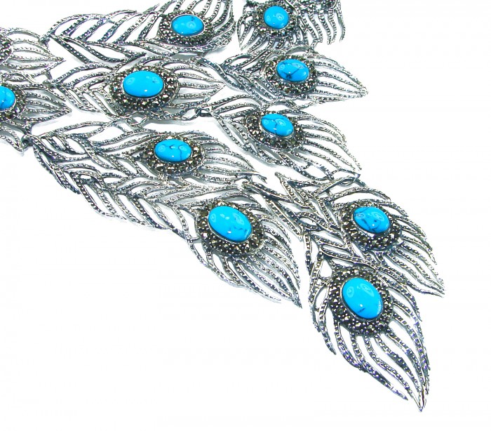 HUGE 102.9 grams Peacock Feather design genuine Turquoise .925 Sterling Silver handcrafted Necklace - Top view of peacock feather jewelry with turquoise stones