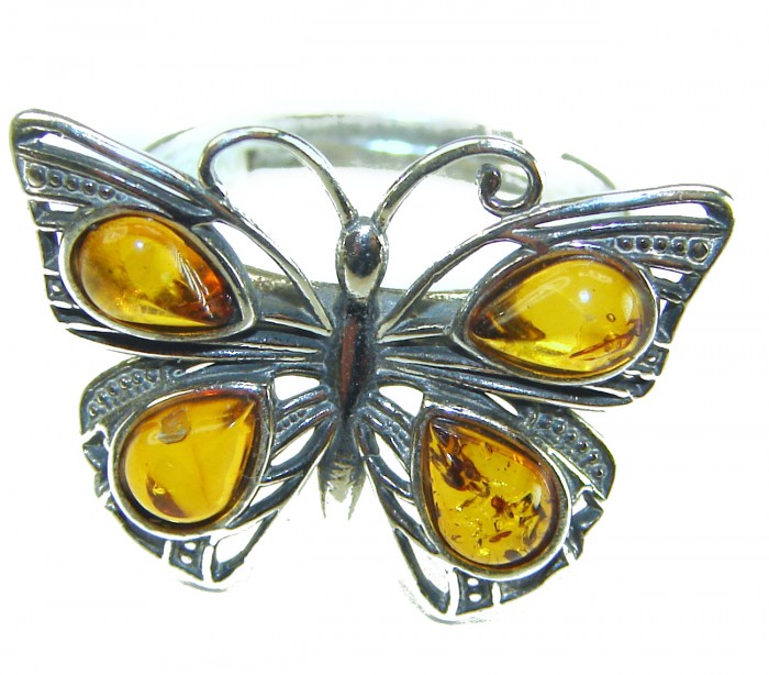 Butterfly Authentic Baltic Amber .925 Sterling Silver handcrafted ring; s. 8 adjustable - Butterfly amber ring, front view, sterling silver detailing