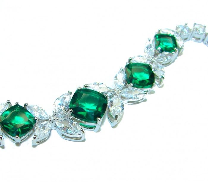 Gabriella 12.2 carat authentic Emerald rhodium over .925 Sterling Silver handcrafted Statement bracelet - Emerald bracelet stone close-up, Gabriella 12.2 carat, rhodium over silver.