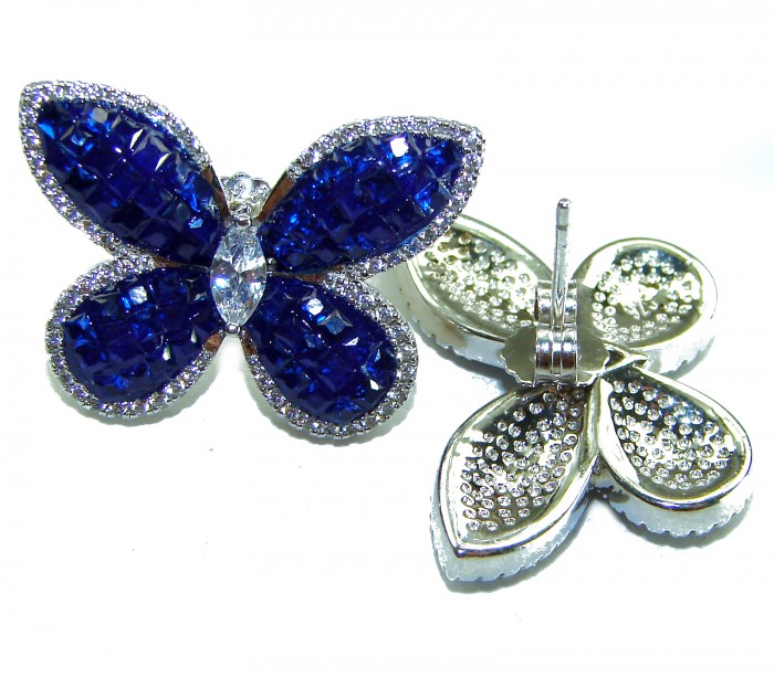 Magnificent Jewel Sapphire Butterflies .925 Sterling Silver handcrafted incredible earrings - Butterfly earrings front and back view, sapphire and silver detailing.