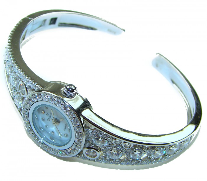 Precious Time Authentic 33.2 carat White Topaz .925 Sterling Silver handmade Bracelet Watch - Side view of Precious Time Topaz watch with .925 sterling silver.