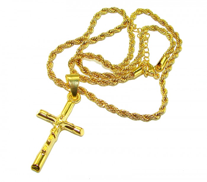 Precious Cross Genuine 14K Gold over .925 Sterling Silver handmade necklace - Gold cross pendant and chain, top view, 14K over sterling silver.