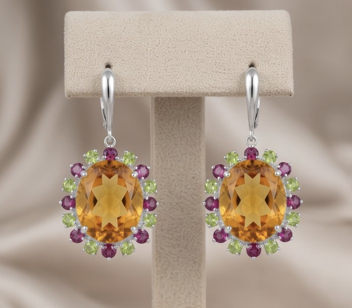 Floral design 24.2 carat Green Topaz rhodium over .925 Sterling Silver handcrafted earrings - Floral earrings front view with green topaz and rhodium over .925 silver.